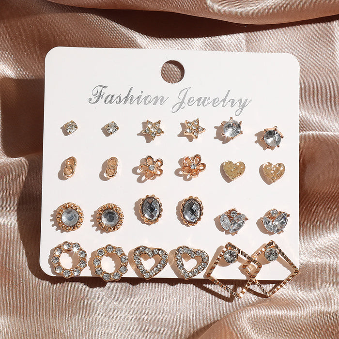 Wholesale 12 pairs of high-end diamond studded earrings, fashionable and trendy women's ear accessory set