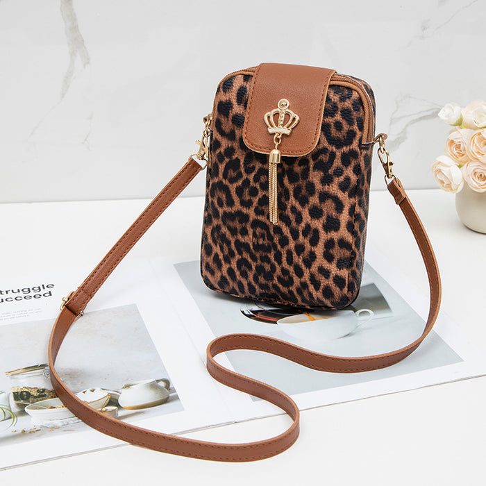 Wholesale Leopard Print Women' s Cell Phone Bag Fashion Crown Charm Embossed Crossbody Bag Shoulder Bag