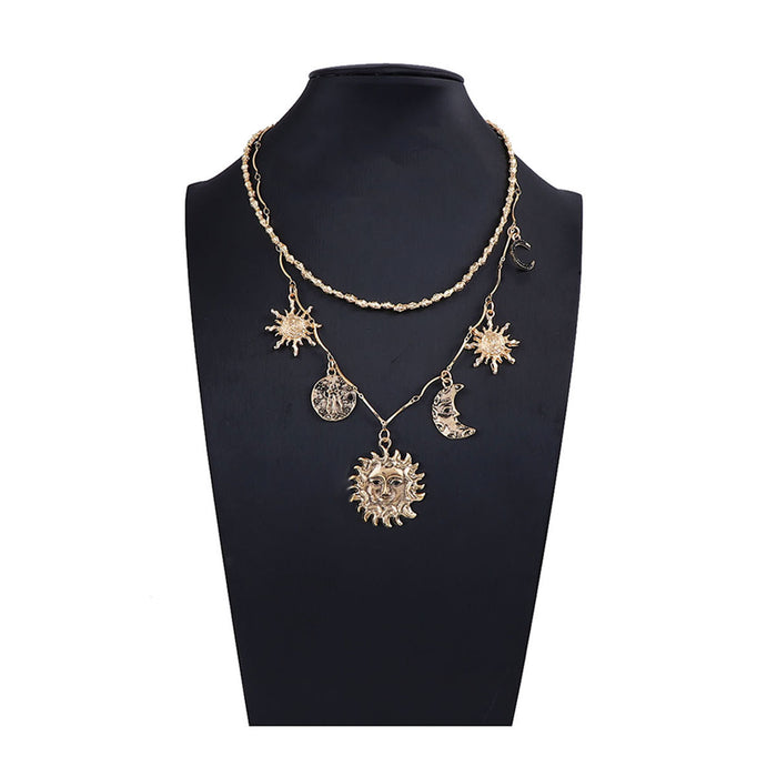 Wholesale Alloy Sun Moon Pendant Double Layer Overlapping Chain Women's Necklace