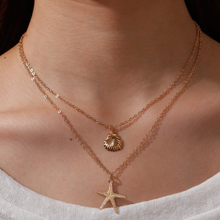 Wholesale Jewelry Simple Beach Shell Starfish Five-Pointed Star Double-Layer Necklace Necklace Hot Style