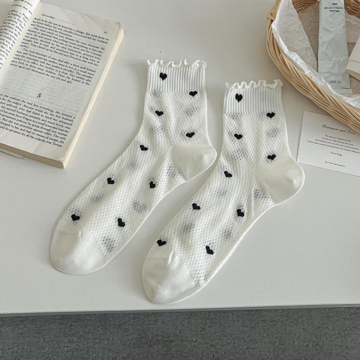 Wholesale New product: Ear fungus edge socks, mid tube socks, cotton socks, thin mesh, hollowed out lace, heart-shaped style, stacked socks