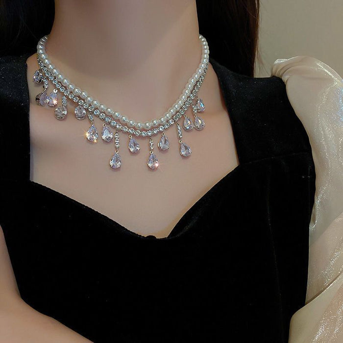 Wholesale Diamond Inlaid Zircon Water Droplets Imitation Pearl Necklace JDC-NE-yihao008
