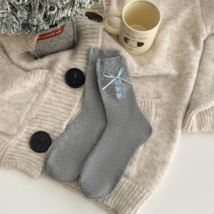 Wholesale Grey socks embroidered with heart, mid tube socks, blue ribbon, bow, stacked socks