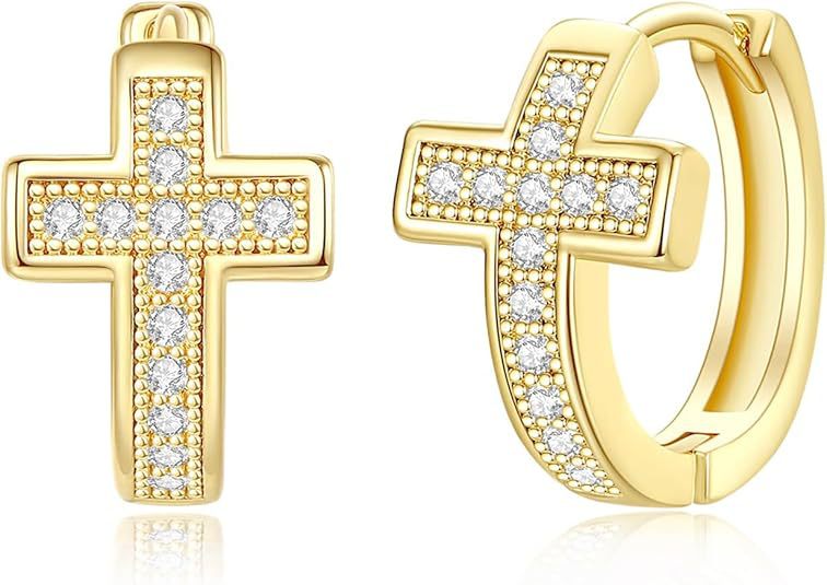 Wholesale Genuine gold brass electroplated personalized design with zircon cross earrings, high-end feeling earrings