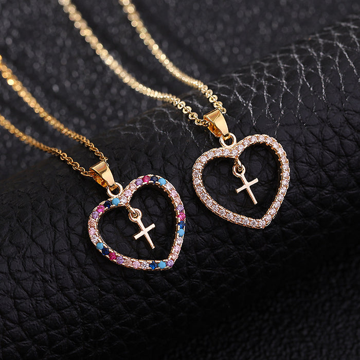 Wholesale  Jewelry Micro-inlaid Color Zircon Geometric Cross Pendant Heart-shaped Necklace