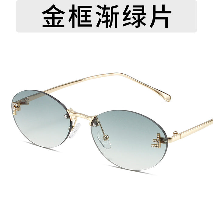 Wholesale Elliptical frame small frame sunglasses, new frameless cut edge personalized glasses, dot diamond sunglasses
