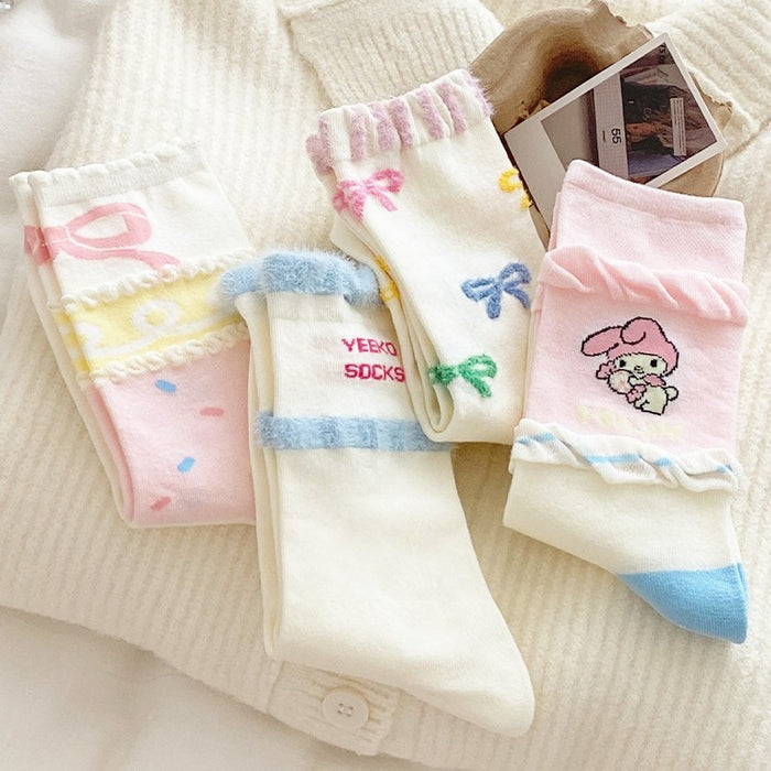Wholesale Butterfly knot splicing plush socks with cartoon middle tube, cute for students