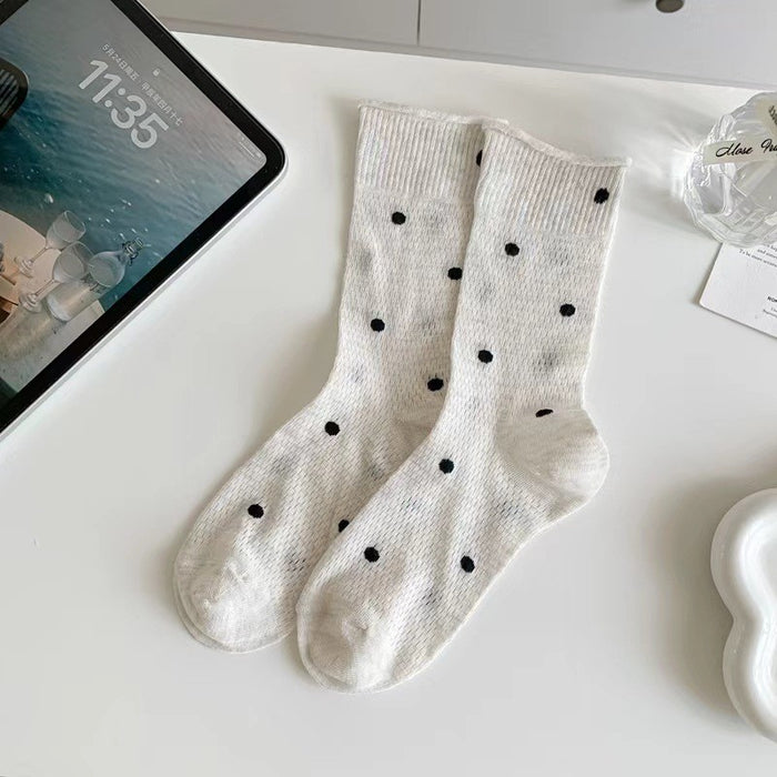 Wholesale Socks, thin, mid length, new mesh breathable, polka dot, rolled edge, stacked socks