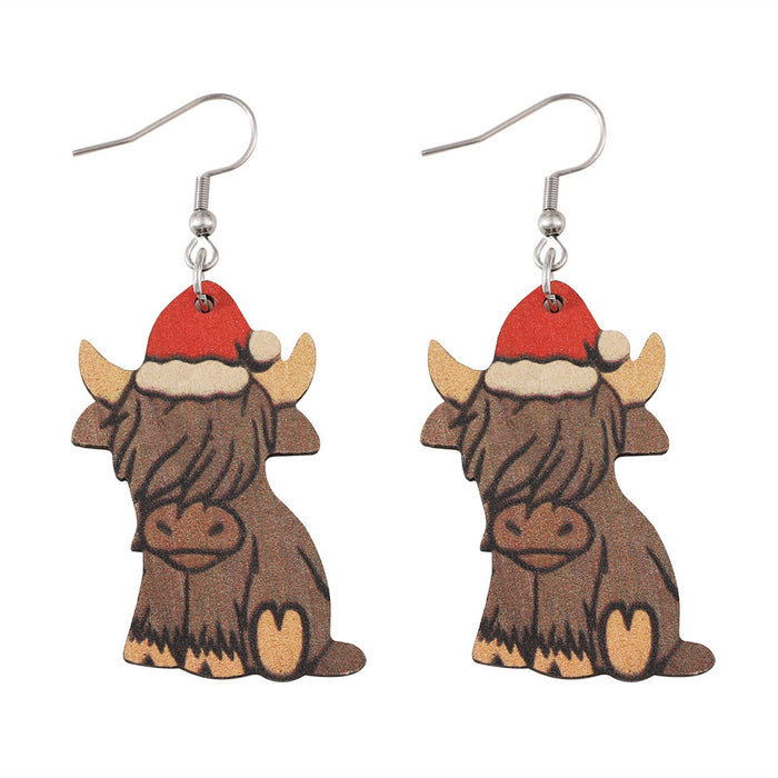 Wholesale Christmas Western Style Christmas Hat Alpine Cow Pendant Earrings Wooden Double-Sided Earrings Christmas Ornaments