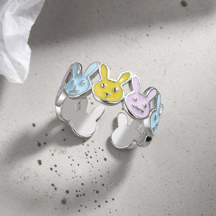 Wholesale  enamel color rabbit ring  niche design open glue ring for women