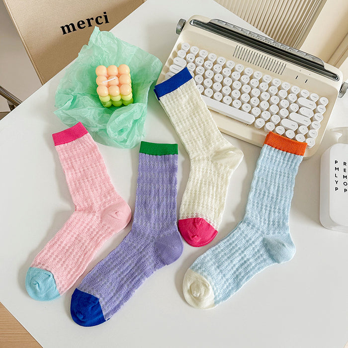 Wholesale Thin mesh breathable mid tube socks with trendy contrasting colors, long tube pile socks