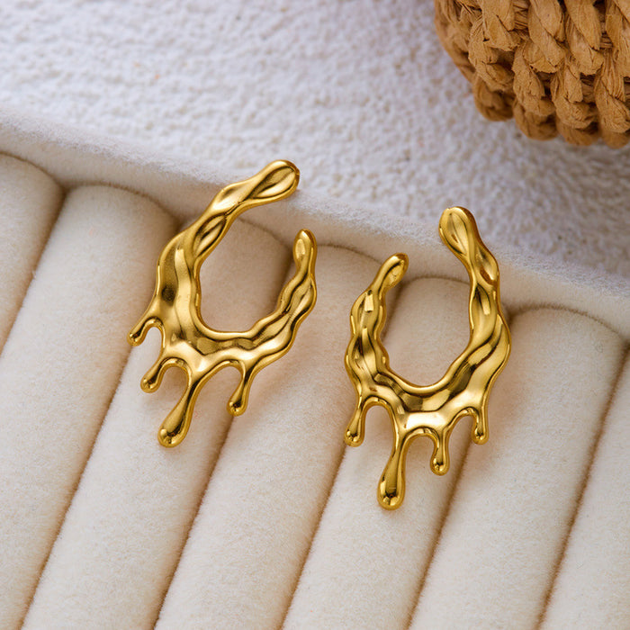 Wholesale Stainless Steel Irregular Geometric Earrings Vintage Lava Liquid Metal C-Shape Hoops