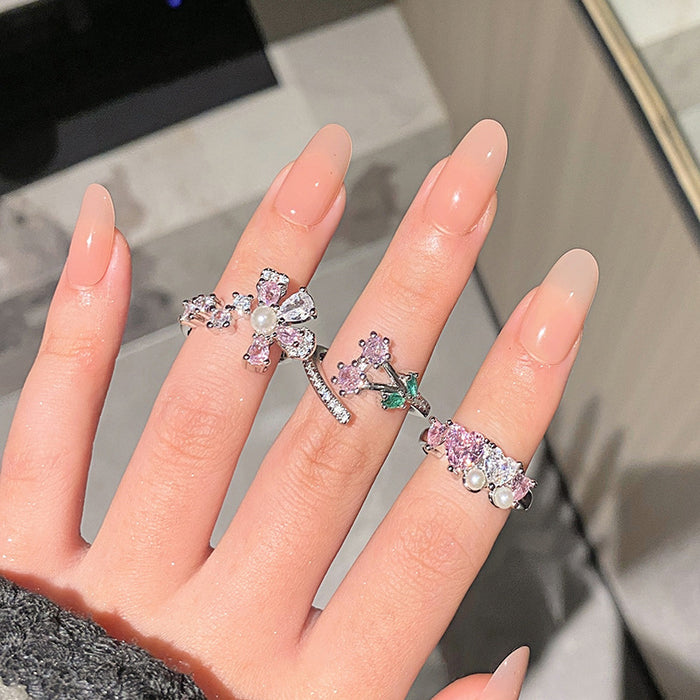 Wholesale Small niche luxury colored micro inlaid open ring with fashionable hollow flower temperament, layered wearing