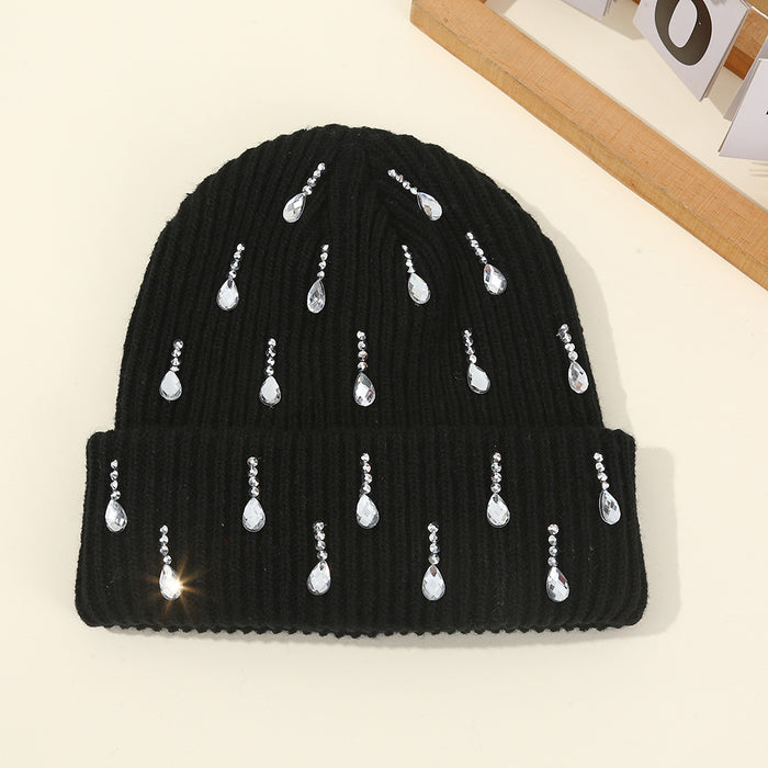 Wholesale Pearl sparkling diamond knitted hat,  double-layer outdoor warm woolen hat
