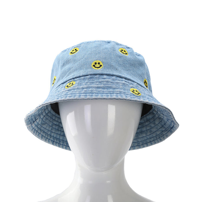 Wholesale Blue Fisherman Hat Embroidered Smiley Face Versatile Sun Protection Hat