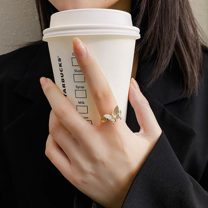 Wholesale Full diamond micro inlaid butterfly asymmetrical niche design, open index finger ring, light luxury versatile ring