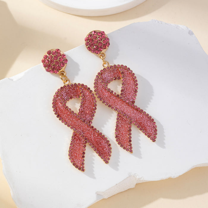 Wholesale Red Ribbon Breast Cancer Awareness Day Festival Glitter Enamel and Rhinestone Earrings