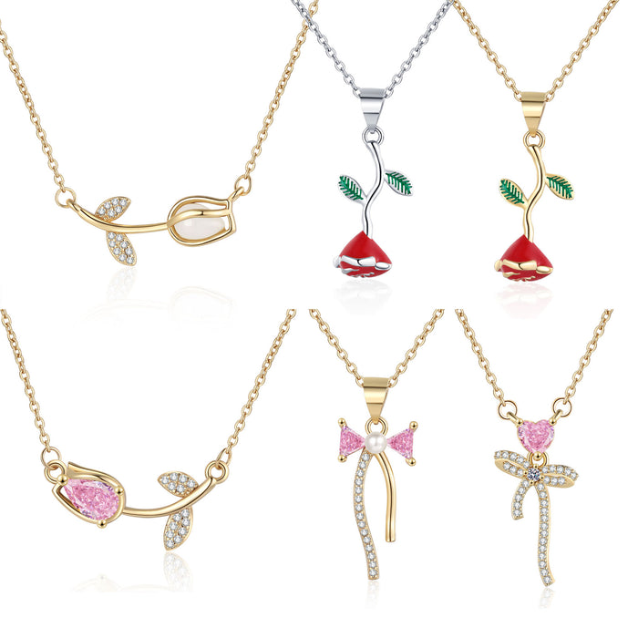 Wholesale Tulip and rose flower necklace niche design high-end bow accessories wholesale