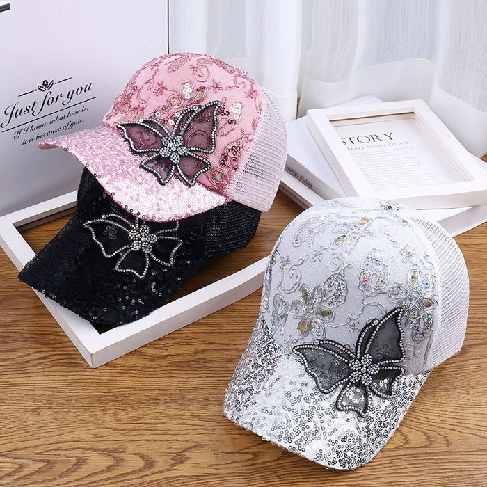 Wholesale Sparkling duckbill cap, fashionable rhinestone butterfly baseball cap