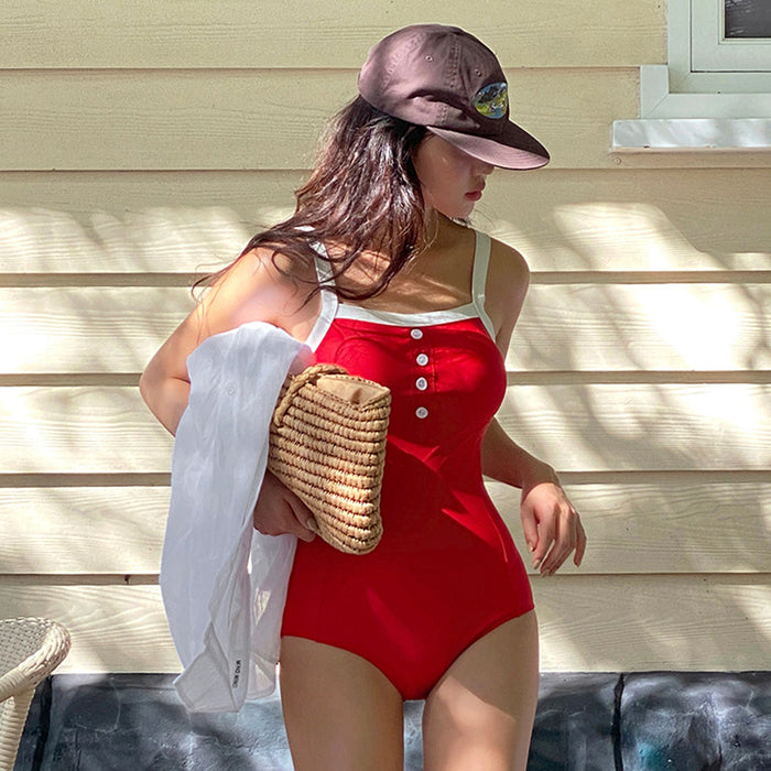 Wholesale New suspender one-piece swimsuit conservative high-end sexy vacation color blocked swimsuit