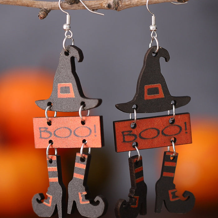 Wholesale  Gothic Wind Witch Hat Boots Triple ing Pendant Wooden Double-sided Earrings