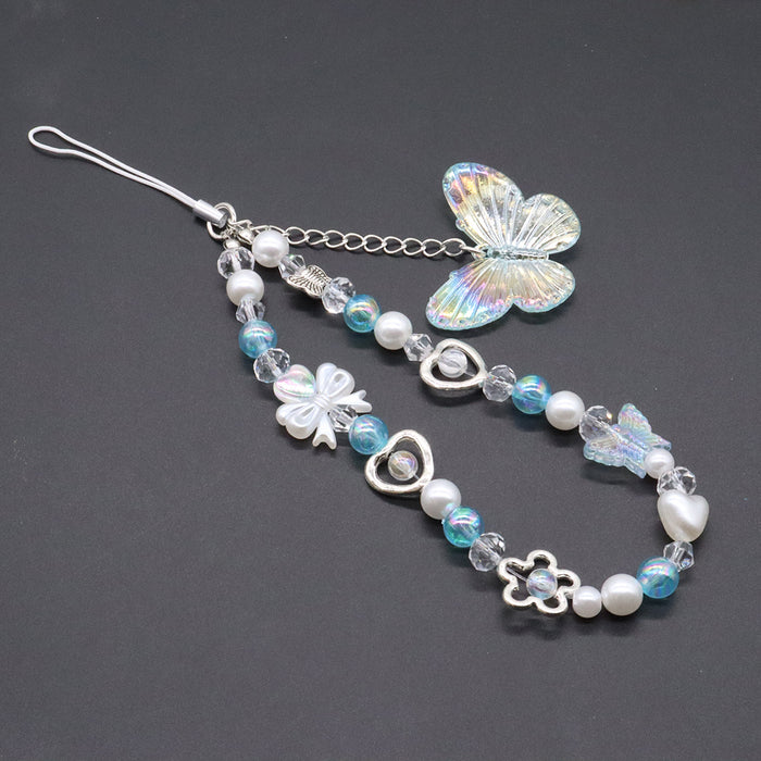 Wholesale Dopamine Crystal Pink Butterfly Mobile Phone Chain Sweet Long Mobile Phone Lanyard Keychain