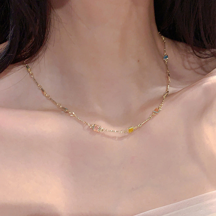 Wholesale Simple and versatile dopamine colored zircon necklace, fashionable and personalized collarbone chain, exquisite and high-end neck chain