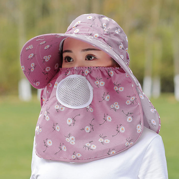 Wholesale Cherry print tea-picking hat, sun hat, sun protection face-covering summer hat