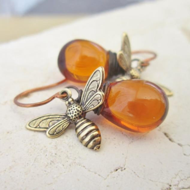 Wholesale Vintage Honeybee Droplet Earrings, Popular Droplet Amber Exaggerated Earrings, Jewelry