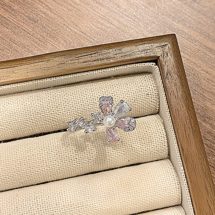 Wholesale Small niche luxury colored micro inlaid open ring with fashionable hollow flower temperament, layered wearing