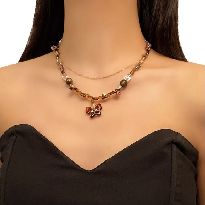 Wholesale Alloy Purple Crystal Butterfly Tassel Necklace Fashion Jewelry Accessory