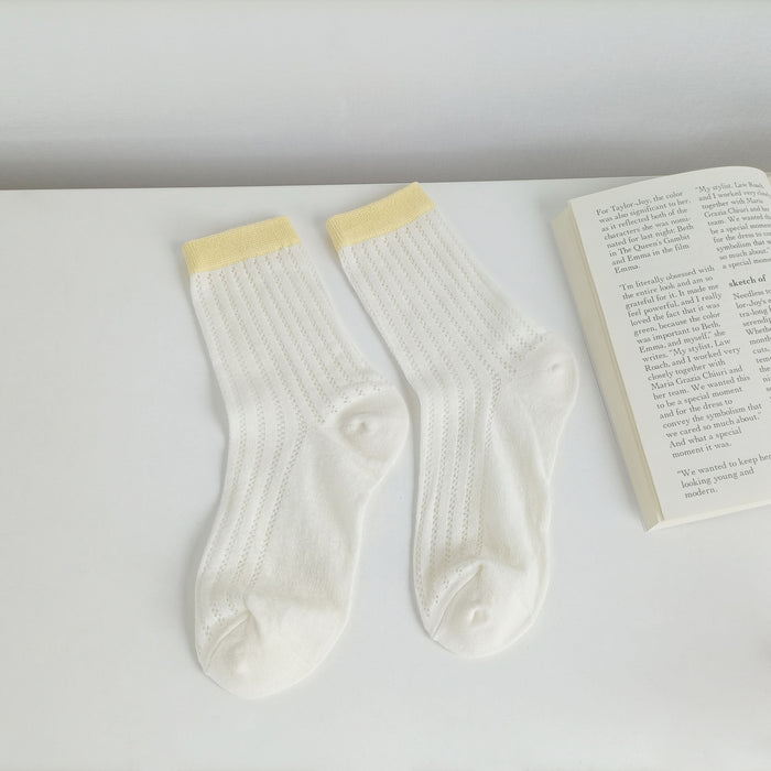 Wholesale Thin breathable cotton socks with hollowed out mesh eyes, tube socks, color blocked pile socks