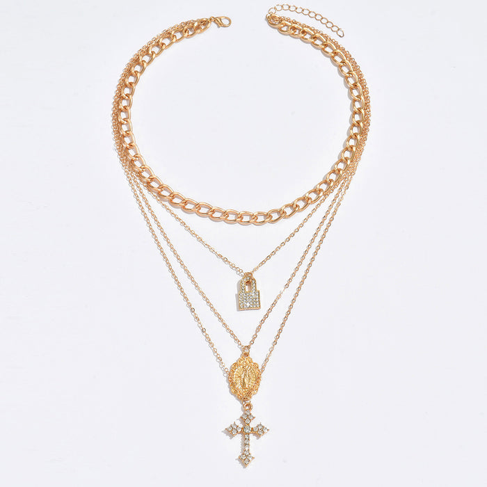 Wholesale Diamond studded cross pendant necklace with temperament, multi-layered collarbone chain