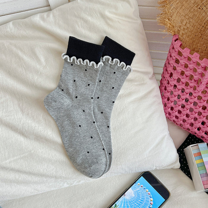 Wholesale Sweet and fashionable rolled edge polka dot combed cotton pile socks