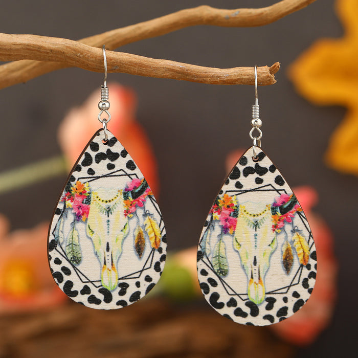 Wholesale Bull head sunflower water drop female model printing personality all-match long earrings trendy street shot wooden