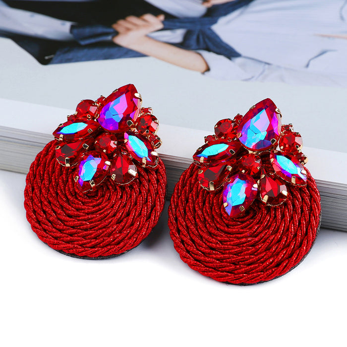 Wholesale Fashionable hand woven rope with circular inlaid colorful crystal earrings, elegant earrings and jewelry