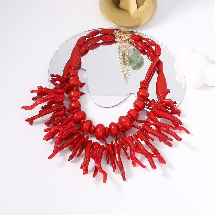 Wholesale Bohemian necklace Red Coral Irregular Geometry Two-piece Necklace