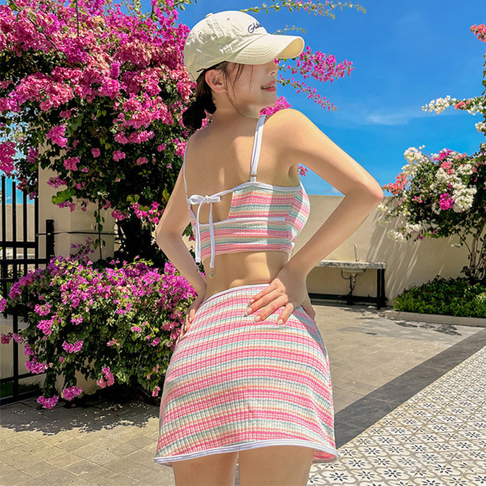 Wholesale Swimsuit rainbow striped split skirt bikini sexy backless slimming swimsuit