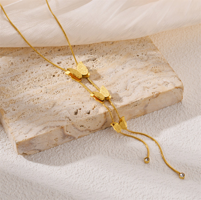 Wholesale Full body titanium steel three-dimensional tassel butterfly pendant titanium steel necklace versatile fashion long style collarbone chain accessory