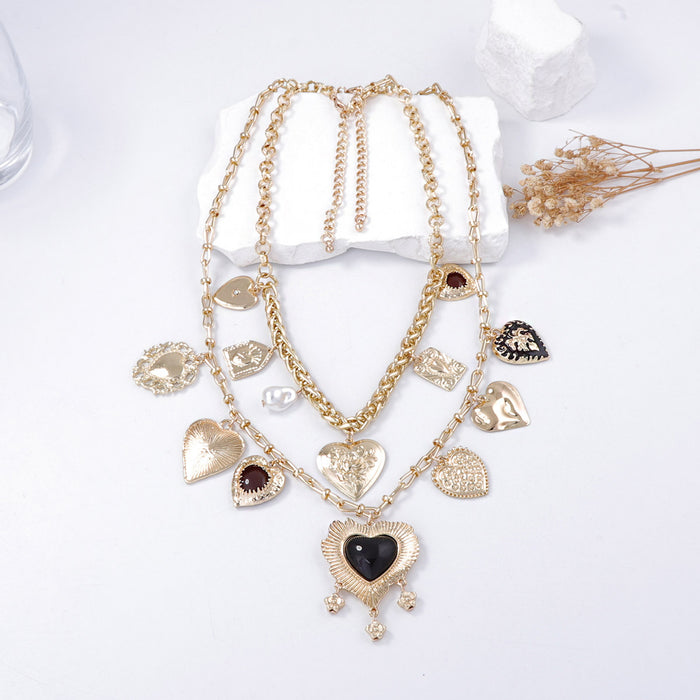 Wholesale Geometric Heart Pendant Double Layer Stacked Distinctive Chain Necklace Earrings Women