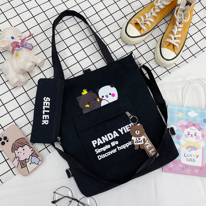 Wholesale Canvas Shoulder Bag Cartoon Bear Two-piece Student Double Back Canvas Bag Crossbody Large Capacity Tote Bag