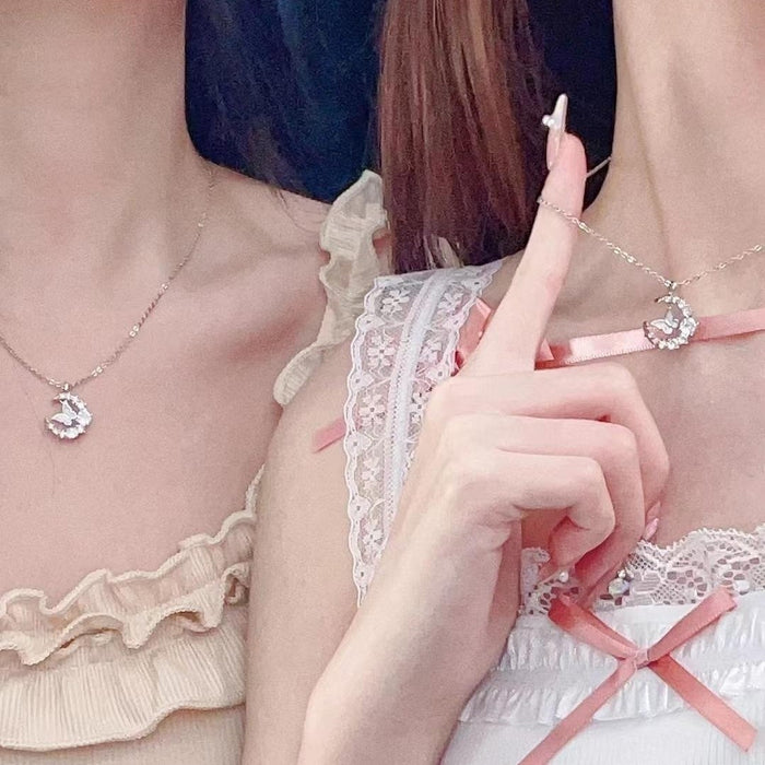 Wholesale Moon sparkling diamond butterfly necklace, fashionable, light luxury, niche accessory temperament, fashionable moon necklace