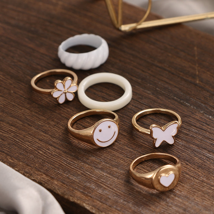 Wholesale Alloy Oil Drop Butterfly Smiley Face Ring 6-piece Set JDC-RS-HanShi008