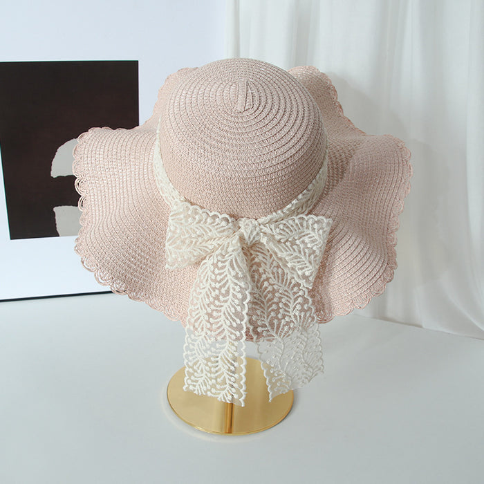 Wholesale Lace bow big brim straw hat breathable sun shading hat fisherman hat