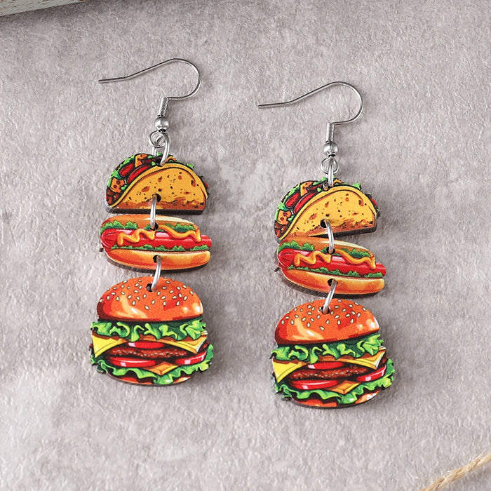 Wholesale Cute food apple donut hamburger hot dog triple pendant earrings double-sided wooden earrings
