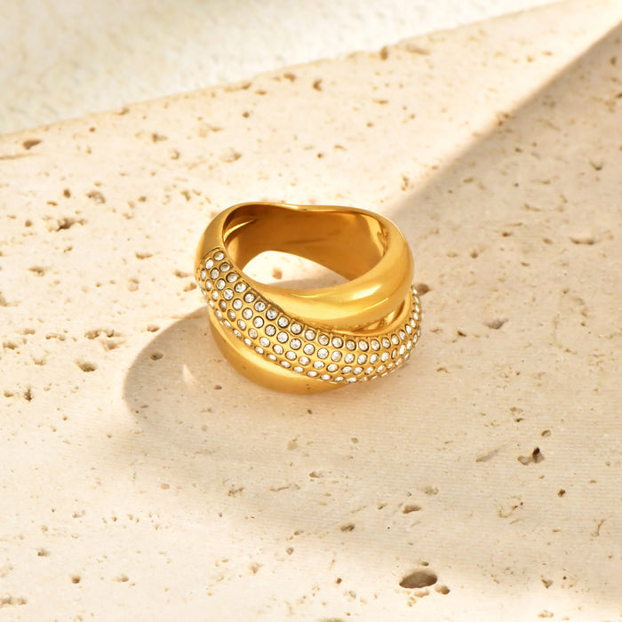 Wholesale  Geometric Cross-Inlaid Zircon Exaggerated Stainless Steel 18K Gold Ring