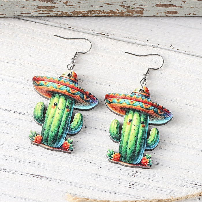 Wholesale Mexico Fifth Festival of the Dead Straw Hat Funny Cactus Pendant Earrings Wooden Double-sided Earrings