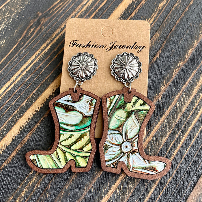 Wholesale Western Denim boots earrings classic leopard leather inlaid wood texture earrings