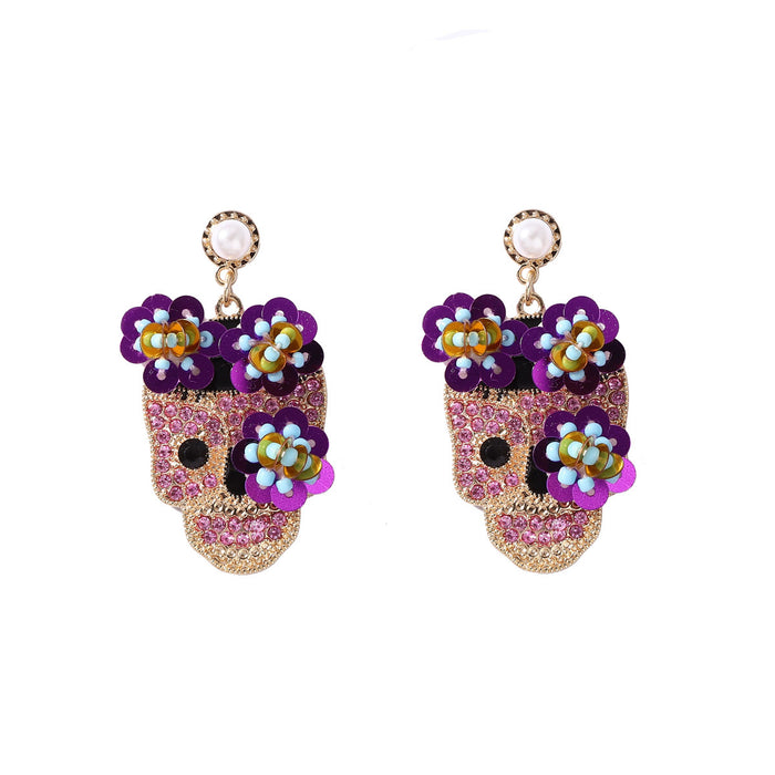 Wholesale Halloween Zinc Alloy Inlaid Zircon with Sequins Flower Skull Earrings JDC-ES-YueLi020