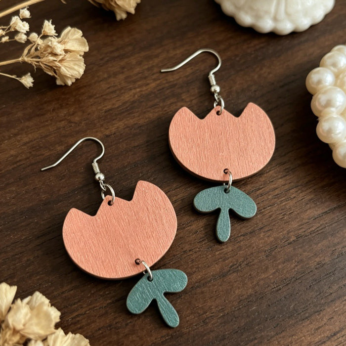 Wholesale Forest Style Orange Pink Tulip Wooden Earrings Double Layer Flower Design